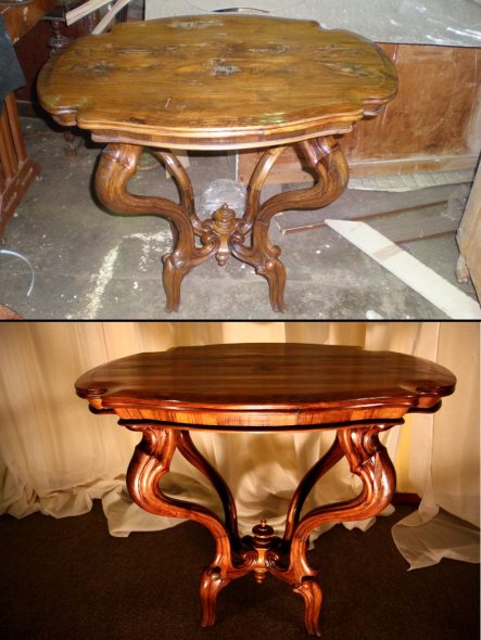 Lakattu pöytä ennen restaurointia ja sen jälkeen