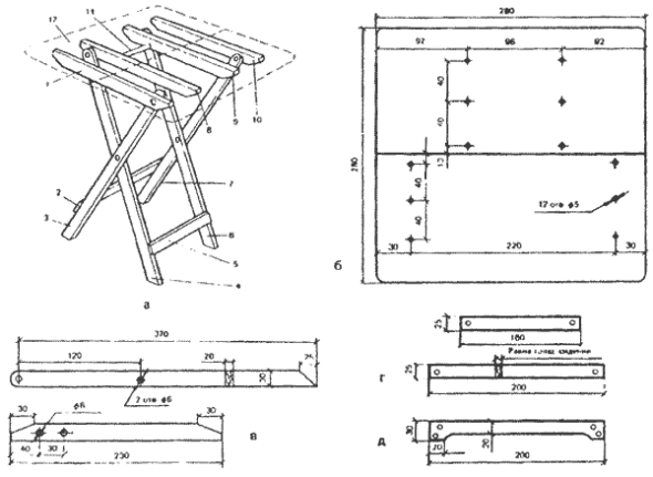 Diagram van een klapstoel gemaakt van hout