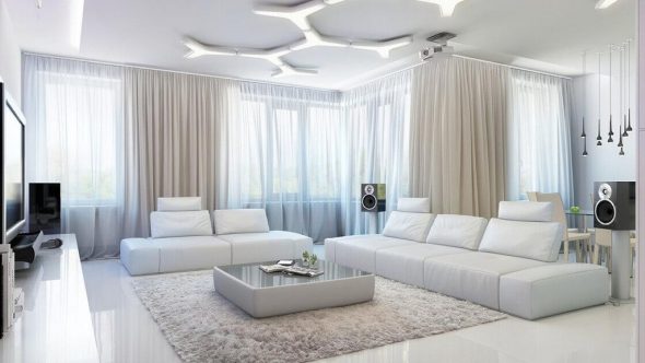 prostorný bílý obývací pokoj