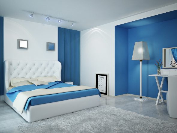 hálószoba fehér és kék árnyalatok