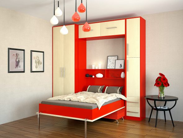 skládací postel v červené barvě