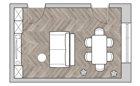 een voorbeeld van het plannen van een kleine woonkamer met een eettafel