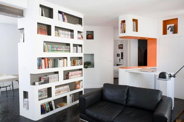 conception de salon avec bibliothèque