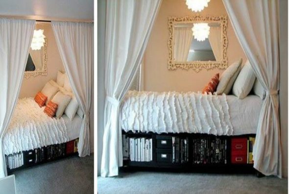 Lägg sängen i en nisch och blockera den med tjocka gardiner