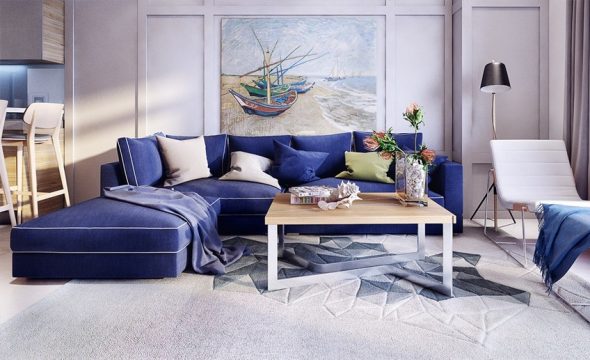 Sininen sohva sisätiloissa