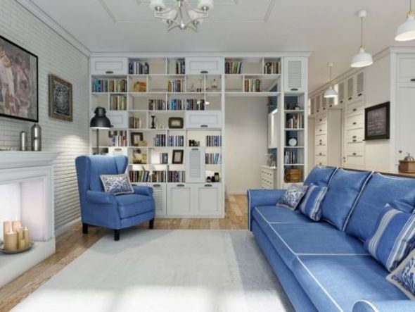 Blå möbler i vardagsrummet