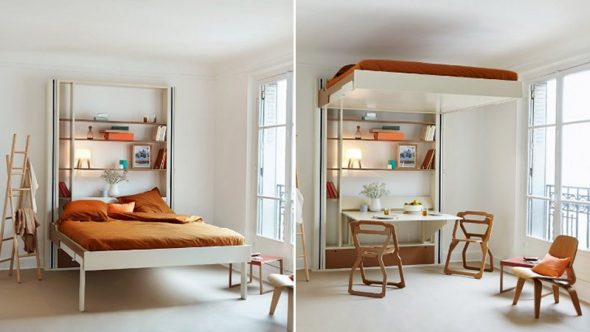 Katil dengan mekanisme mengangkat dalam reka bentuk apartmen