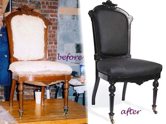 puinen tuoli ennen restaurointia ja sen jälkeen