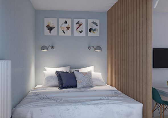 Ontwerp van een kleine slaapkamer in de stijl van minimalisme