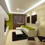 Smalle en lange woonkamer met geïntegreerde verlichting