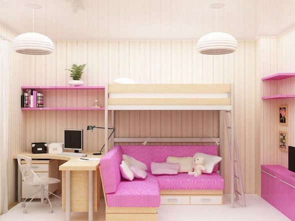 Interiér dívčího pokoje s podkrovní postelí a rohovou pohovkou