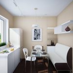 Intressant designdekoration av ett litet kök med en lång soffa