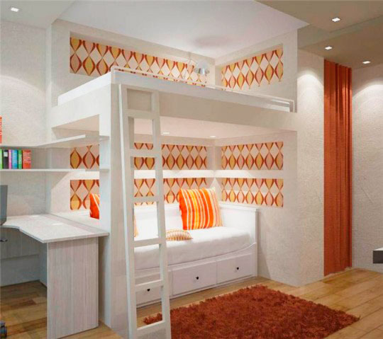 Bed loft i vit och orange design