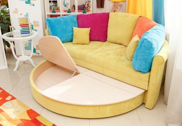 Lipat katil sofa kuning bulat dengan ruang simpanan