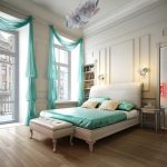 Zacht bed in witte en turquoise slaapkamer