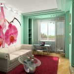 Delikat rum med orkidéer med en mjuk ljus soffa