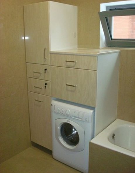 Tvättmaskin i garderoben i hörnet av rummet