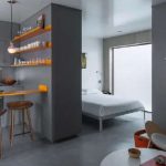 Kényelmes és elegáns szekrény-partíció egy stúdió apartmanhoz