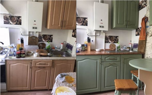 Fotó a konyháról a restaurálás előtt és után