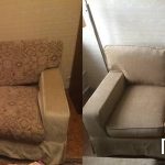 Yksinkertainen taitettava sohva ennen verhoilun vaihtamista ja sen jälkeen