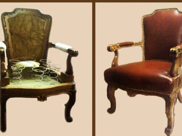 Antiikki-tuoli ennen korjausta ja sen jälkeen