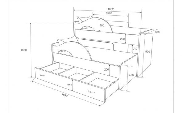 Kresba dvoupatrové rozkládací postele