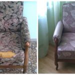 Mooie zachte fauteuil met armleuningen voor en na reparatie
