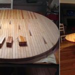 Meja makan pusingan terbuat dari kayu terpal