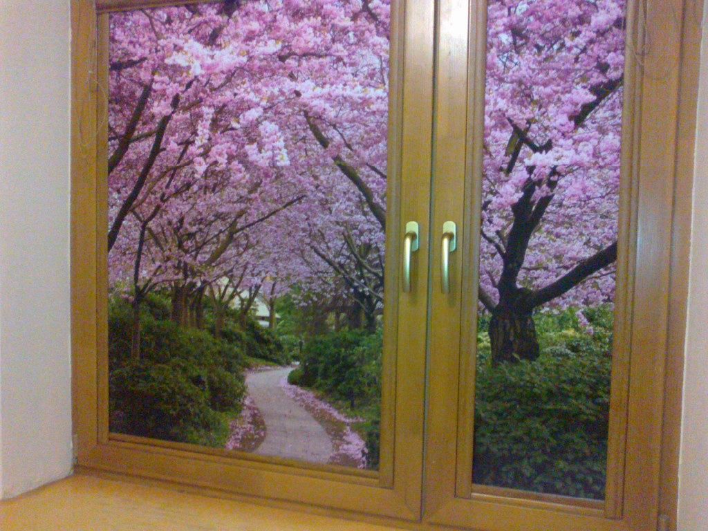 Hengerelt függönyök egy virágzó kert képével