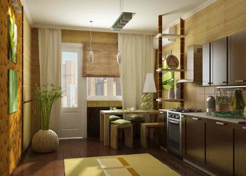 Design della cucina con tende di bambù sulla finestra