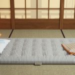 Japanskt litet rum med en madrass för att sova på natten