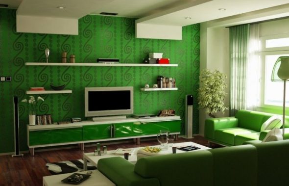 Ruang tamu yang cerah dalam warna hijau