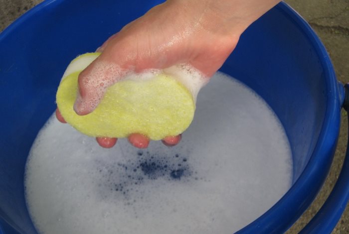 Éponge avec une solution de savon pour le lavage des stores
