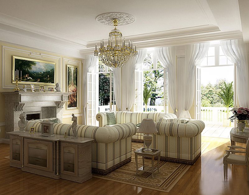 Vita gardiner på windows i vardagsrummet i engelsk stil